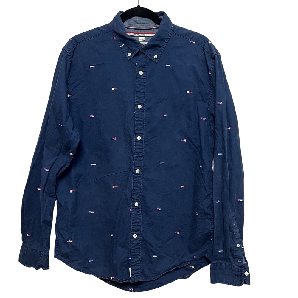 Tommy Hilfiger Navy Men's L Cotton‎ Shirt Nautical Flag Embroidery Long Sleeve